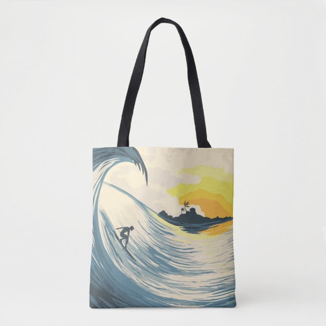 Tote Bag Île tropicale, vague, coucher de soleil de surfer. (Devant)