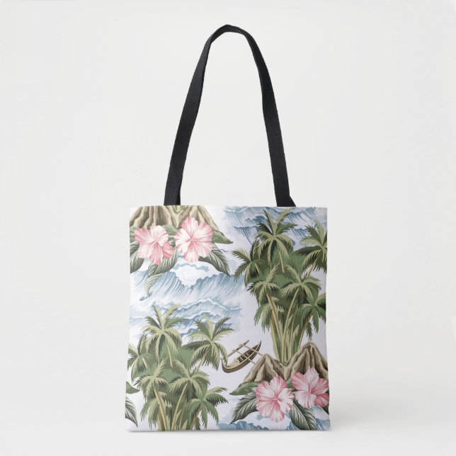 Tote Bag Ile vintage hawaïenne, palmier, bateau, rose  (Devant)