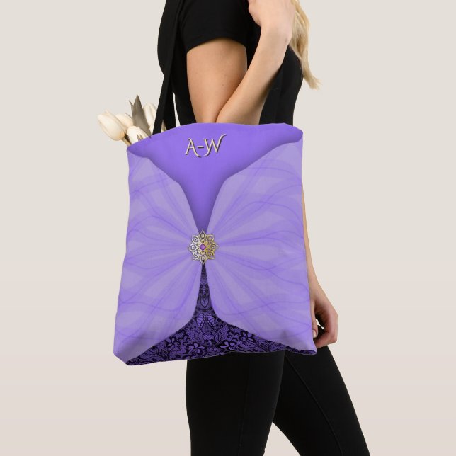 Tote Bag Illusion de textile de joyau violet monogrammé (De près)