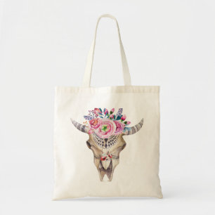 Tote Bag Illustration aquarelle Crâne de taureau et fleurs