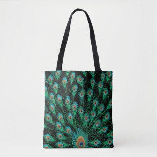Tote Bag Illustration avec des plumes de paon sur le noir