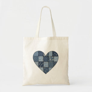 Tote Bag Illustration de cœur en patchwork de denim bleu ru