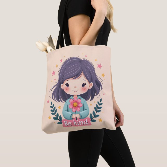 Tote Bag Illustration de Kawaii "Be Kind" - Art Intéressant (De près)