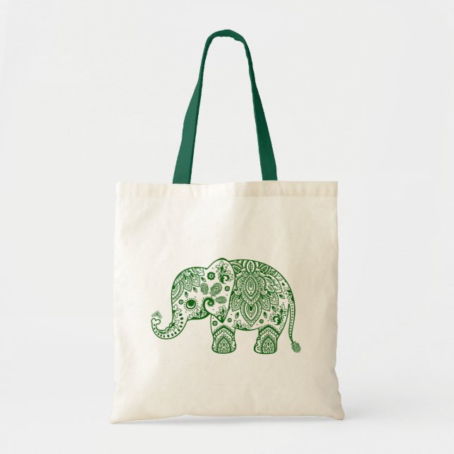 Tote Bag Illustration de l'éléphant floral Paisley vert mig (Devant)