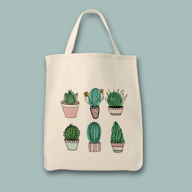 Tote Bag Illustration de plante en pot de cactus succulents (Cactus cacti pot plant grocery tote bag)