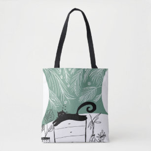 Tote Bag Illustration de plantes tropicales de chat noir de