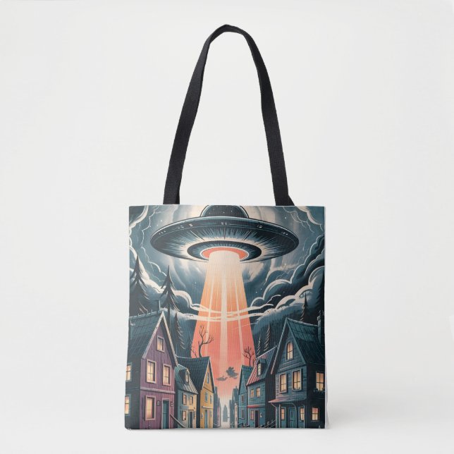 Tote Bag Illustration de rue nocturne d'enlèvement par OVNI (Devant)