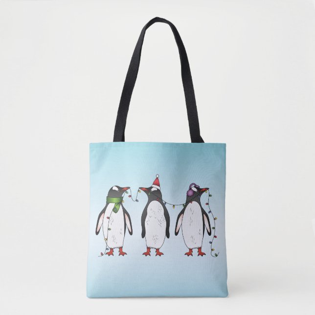 Tote Bag Illustration de trois pingouins de Noël festifs (Devant)