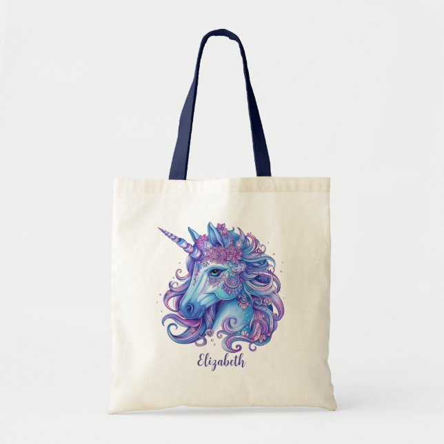 Tote Bag Illustration de Unicorn Blue Lilac Pink (Devant)