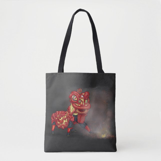 Tote Bag Illustration des danseurs de lions chinois Firecra (Devant)