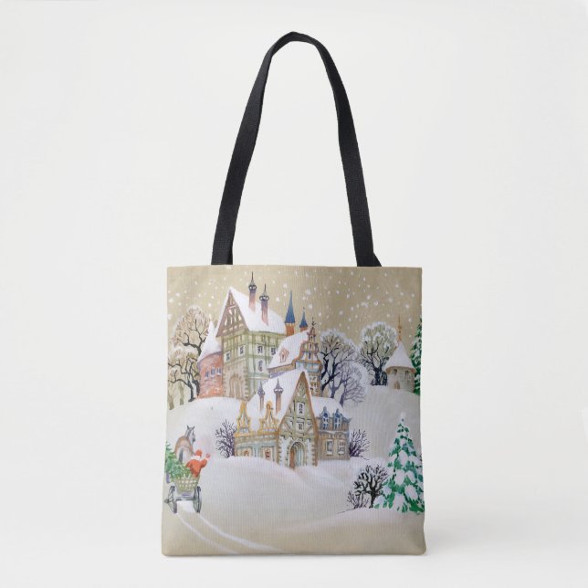Tote Bag Illustration dessinée à la main avec paysage d'hiv (Devant)