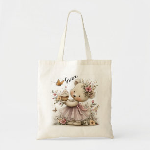 Tote Bag Illustration d'ours floral doux avec charme de cup