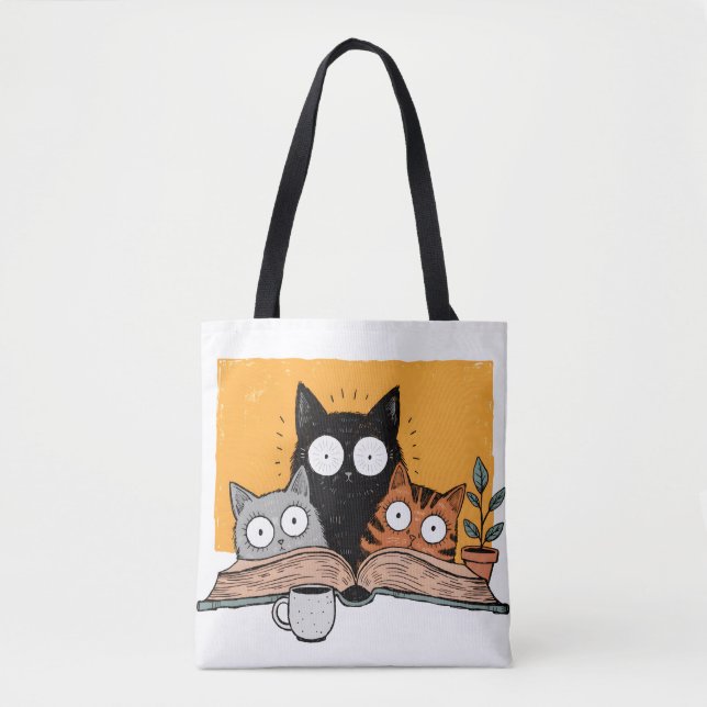 Tote Bag Illustration drôle de chats en lecture (Devant)