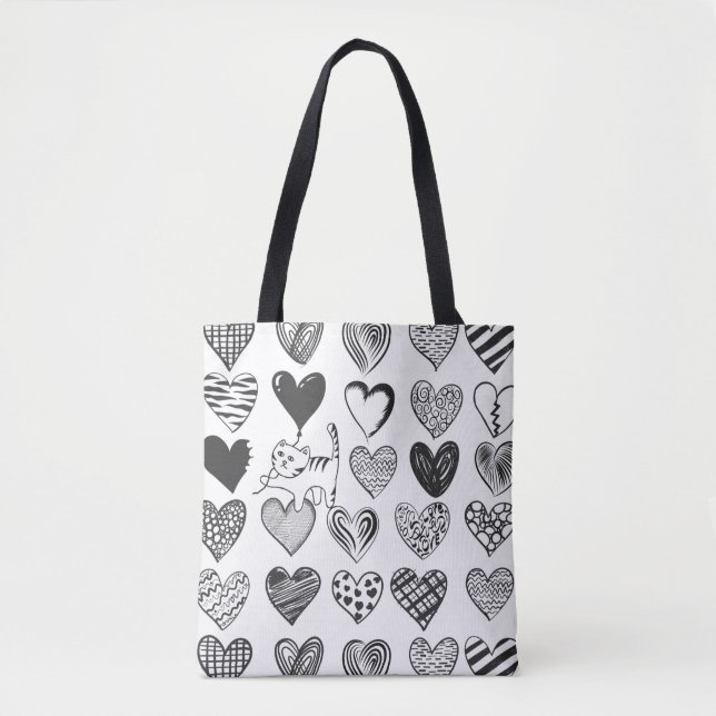 Tote Bag Illustration du chat mignon et du Motif du coeur (Devant)