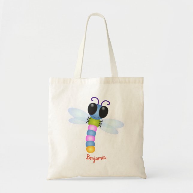 Tote Bag Illustration d'une libellule bleu et rose (Devant)