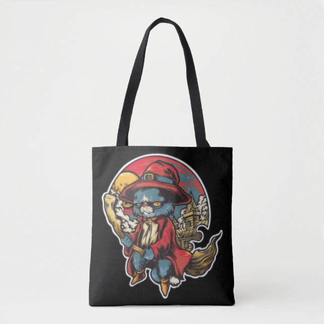 Tote Bag Illustration d'une sorcière de chatte volant (Devant)