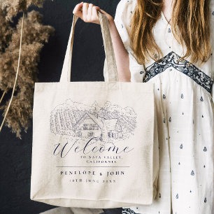 Tote Bag Illustration élégante de vignoble pour mariage de