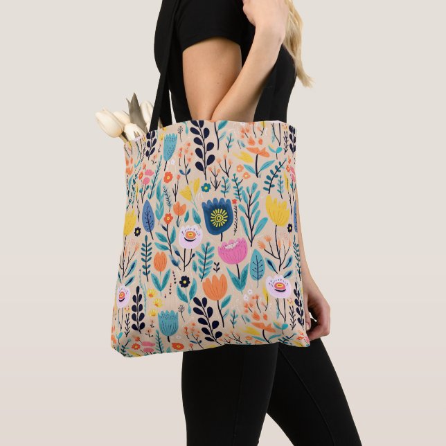 Tote Bag Illustration florale moderne d'art populaire simpl (De près)