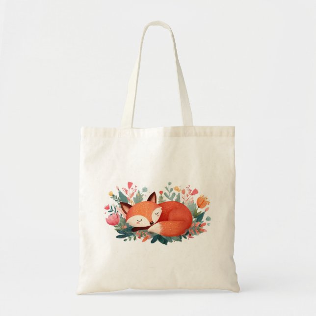 Tote Bag Illustration Florale Renard Endormi Mignonne (Devant)