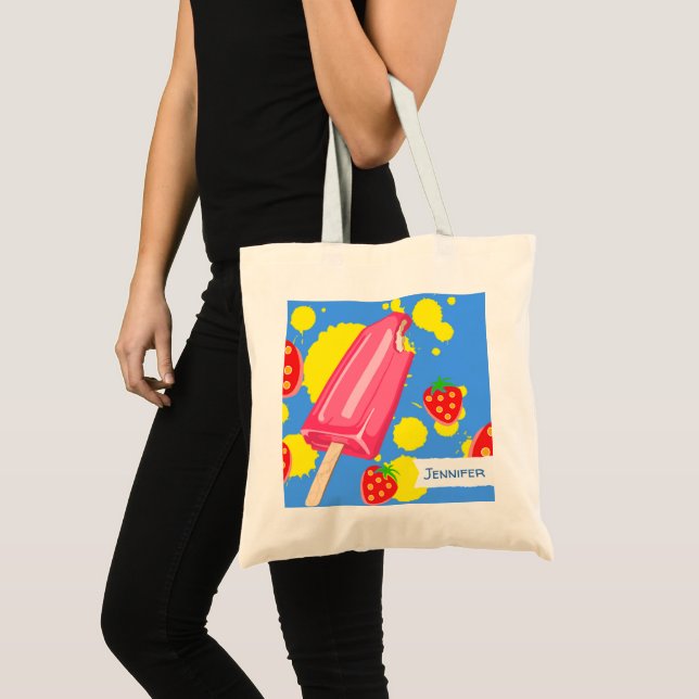 Tote Bag Illustration Fun Pink Popsicle and Strawberries (Devant (produit))