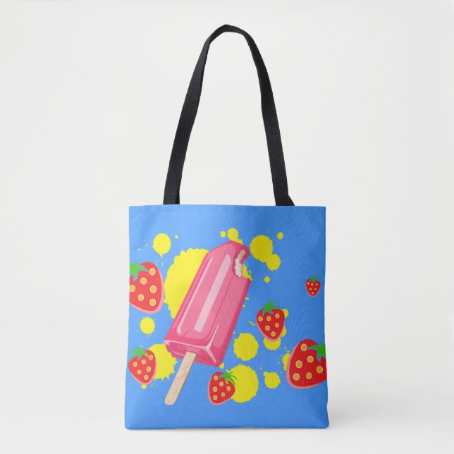 Tote Bag Illustration Fun Pink Popsicle and Strawberries (Devant)