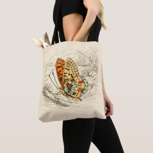 Tote Bag Illustration papillon vintage, orange et beige