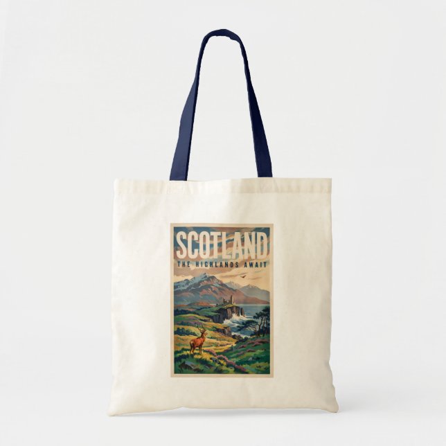 Tote Bag Illustration Rétro de Cerf des Highlands Écossais (Devant)