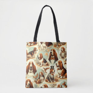 Tote Bag Illustration vintage Basset Hound en toute transpa