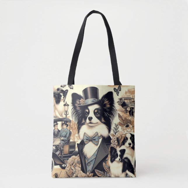 Tote Bag Illustration vintage de chien Papillon (Devant)