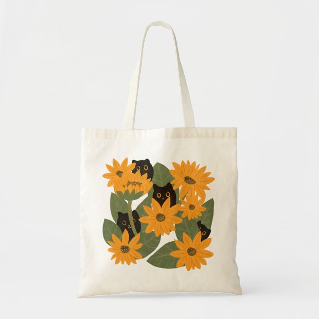 Tote Bag Illustration Whimsical Black Cat and Sunflower (Devant)