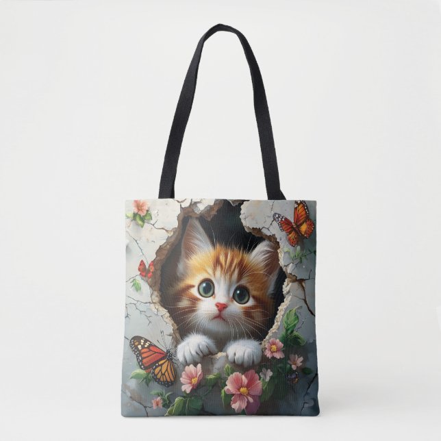 Tote Bag Image 3D d'un petit chaton mignon regardant dehors (Devant)