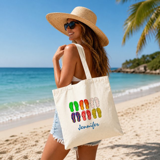 Tote Bag Image de tongs vacances d'été plage nom (Flipflops image summer vacation beach name tote bag. You can add your own name to personalize.)