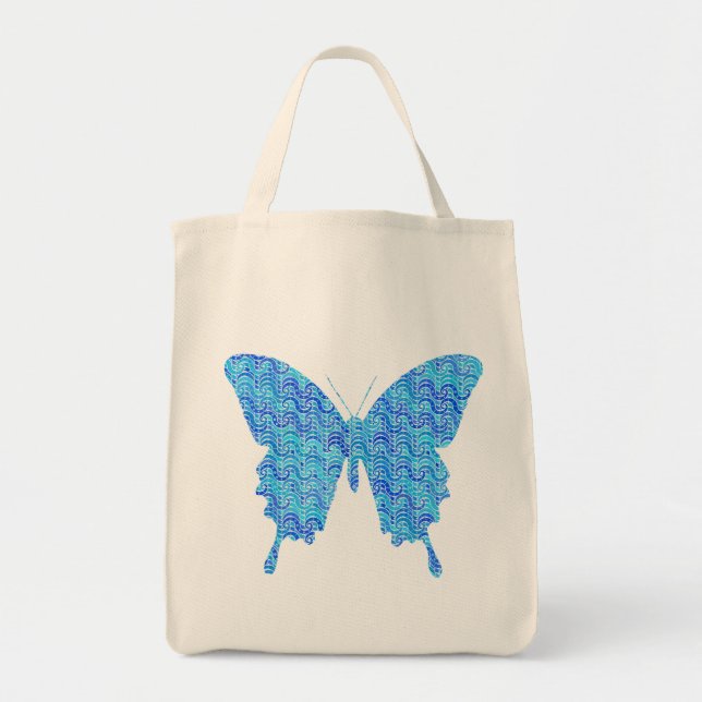Tote Bag Image papillon, motif abstrait, nuances de bleu (Devant)