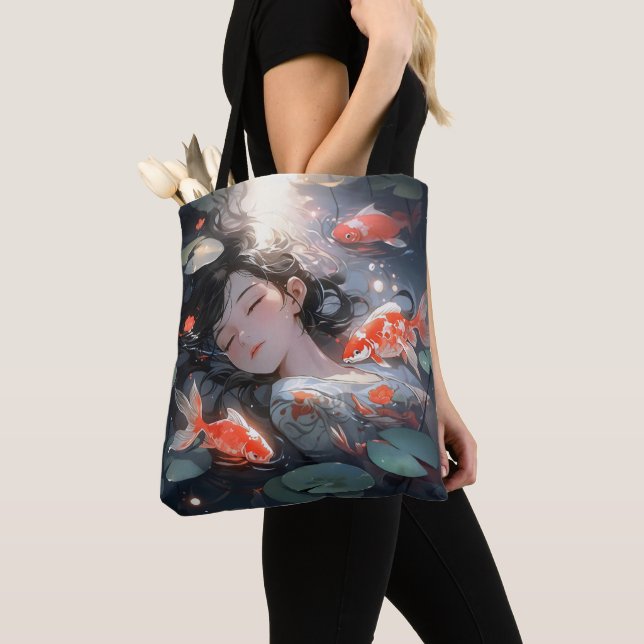 Tote Bag Imaginaire Anime Girl and Carps (De près)