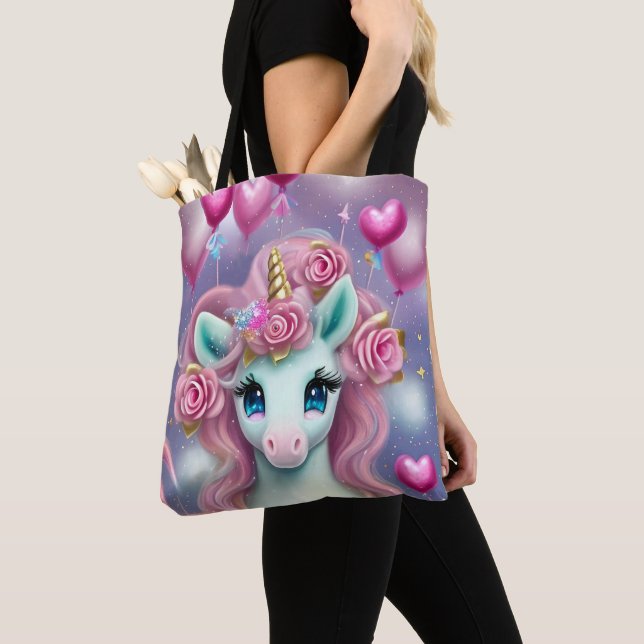 Tote Bag Imaginaire Bébé blanc licorne avec Coeurs roses (De près)