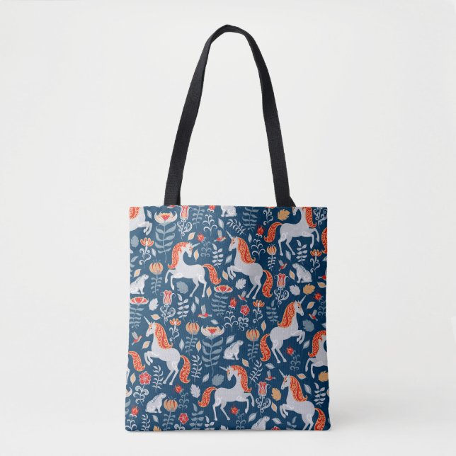 Tote Bag Imaginaire folklorique : licornes, lapins, oiseaux (Devant)