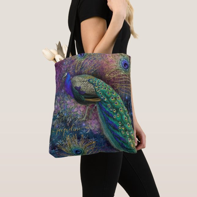 Tote Bag Imaginaire Peacock Gold Parties scintillant Feathe (De près)