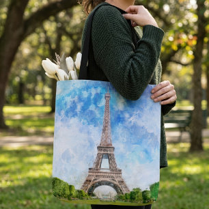 Tote Bag Impression aquarelle de la Tour Eiffel Paris paysa