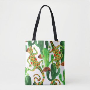 Tote Bag Impression Cactus Lizard Aquarelle