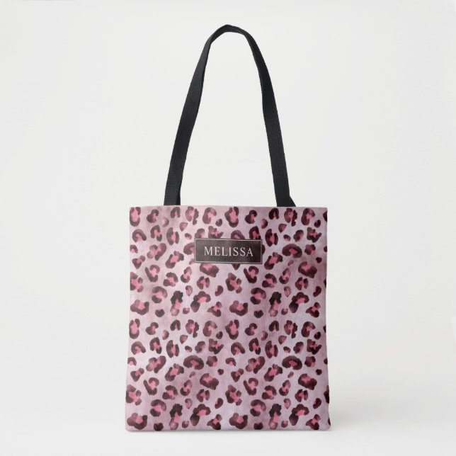 Tote Bag Impression d'animal léopard rose avec faux feuille (Devant)
