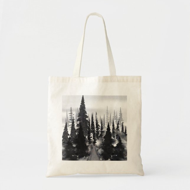 Tote Bag Impression d'art aquarelle de forêt de pins monoch (Devant)