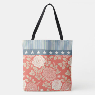 Tote Bag Impression de bloc floral rouge avec rayures bleue