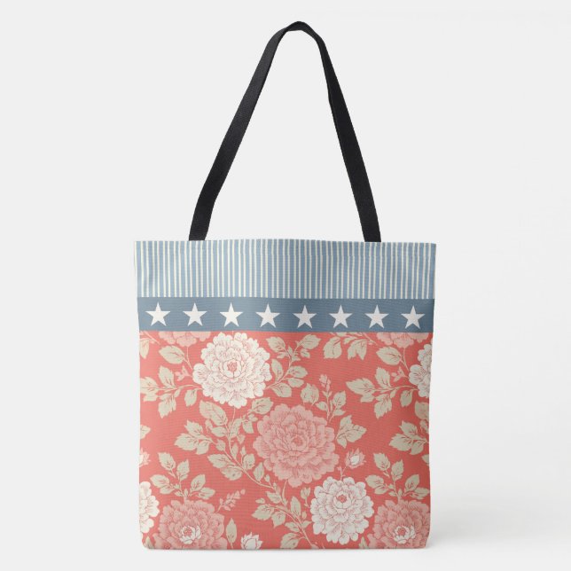 Tote Bag Impression de bloc floral rouge avec rayures bleue (Devant)