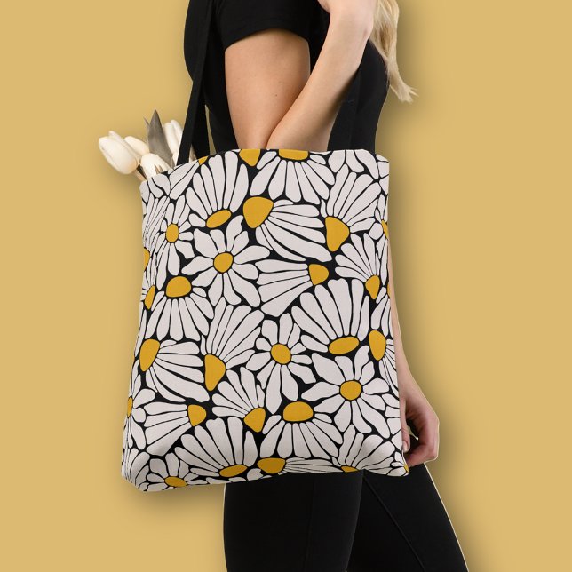 Tote Bag Impression de bloc jaune noir rétro floral (Bold boho floral pattern tote bag in black with cream and mustard yellow cut out flowers)