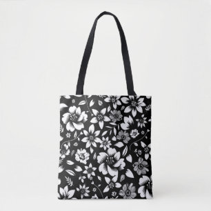 Tote Bag Impression de feuilles florales modernes noir et b