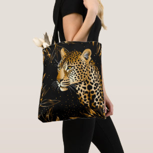 Tote Bag Impression de léopard guépard noir or feuilles de