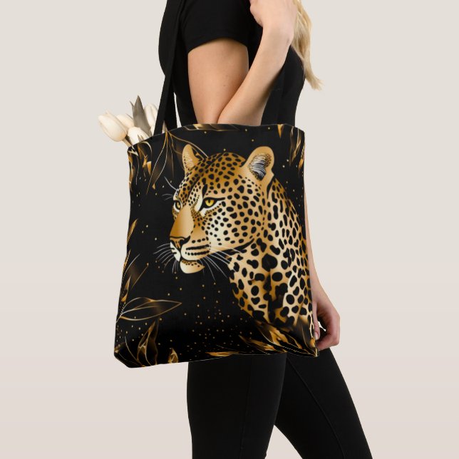 Tote Bag Impression de léopard guépard noir or feuilles de  (De près)