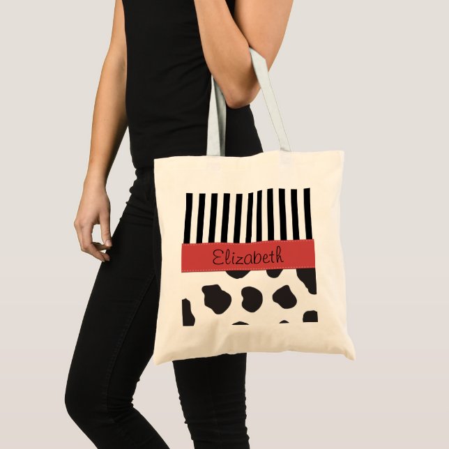 Tote Bag Impression de vache, Grilles, Noir et Blanc, Votre (Devant (produit))