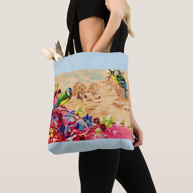 Tote Bag impression d'oiseaux et de baies (De près)