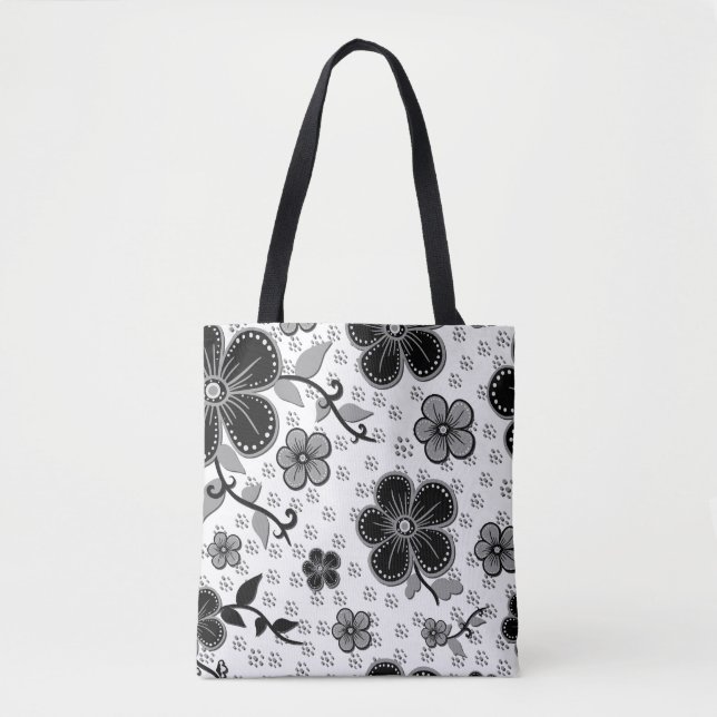 Tote Bag Impression florale noir et blanc (Devant)